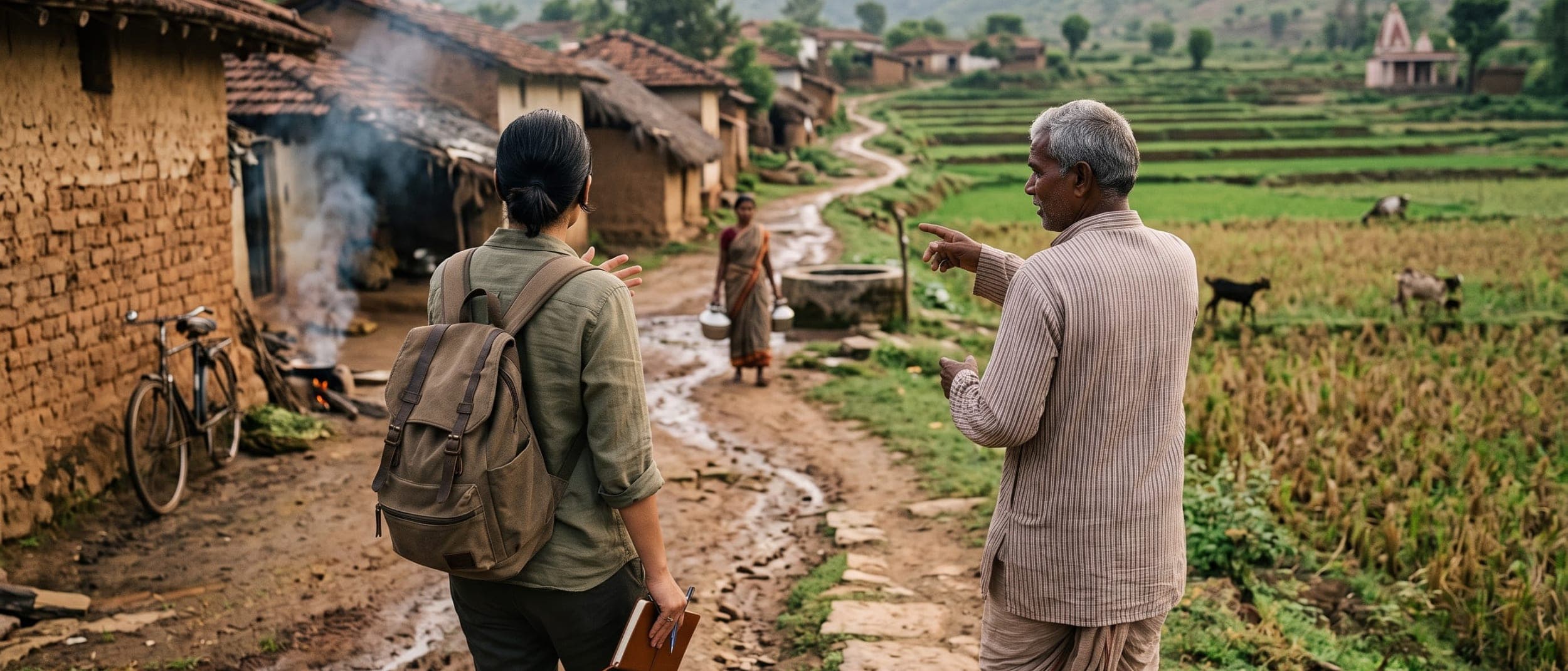 A journey being built rather than sold: Foxpels staff on a recce, walking a route with the household that will host it, months before it is listed.